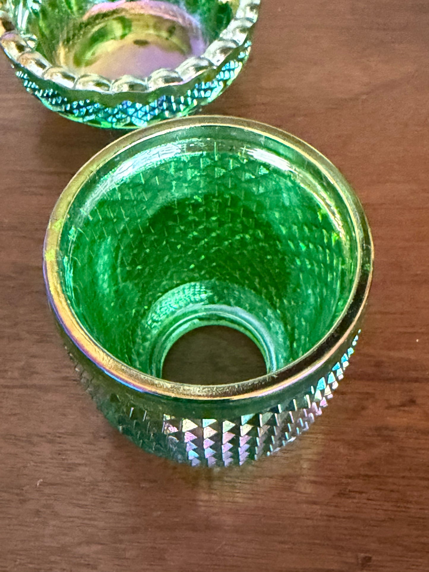 Mosser Emerald Green Carnival Glass Fairy Lamp – Diamond Point Pattern