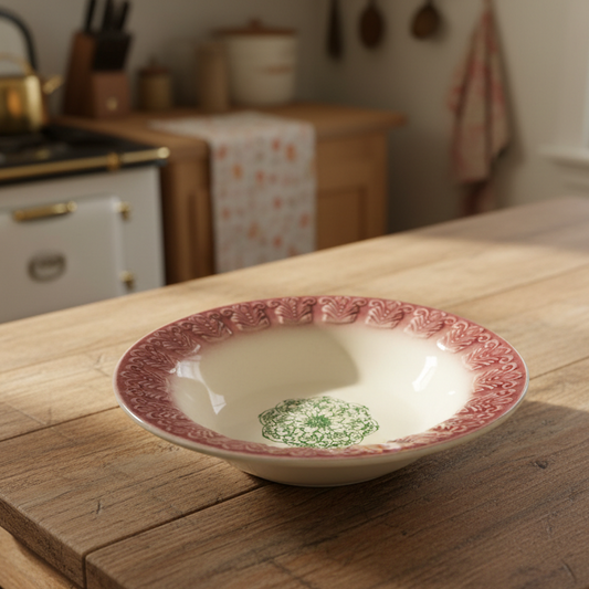 Vintage Ceramic Serving Bowl – Embossed Relief with Stenciled Design