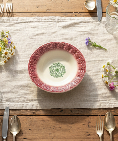 Vintage Ceramic Serving Bowl – Embossed Relief with Stenciled Design