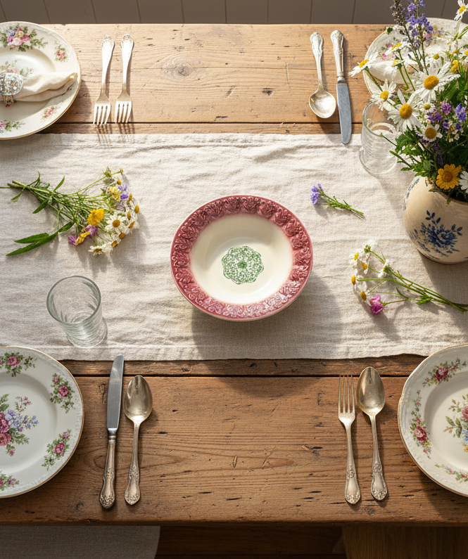 Vintage Ceramic Serving Bowl – Embossed Relief with Stenciled Design