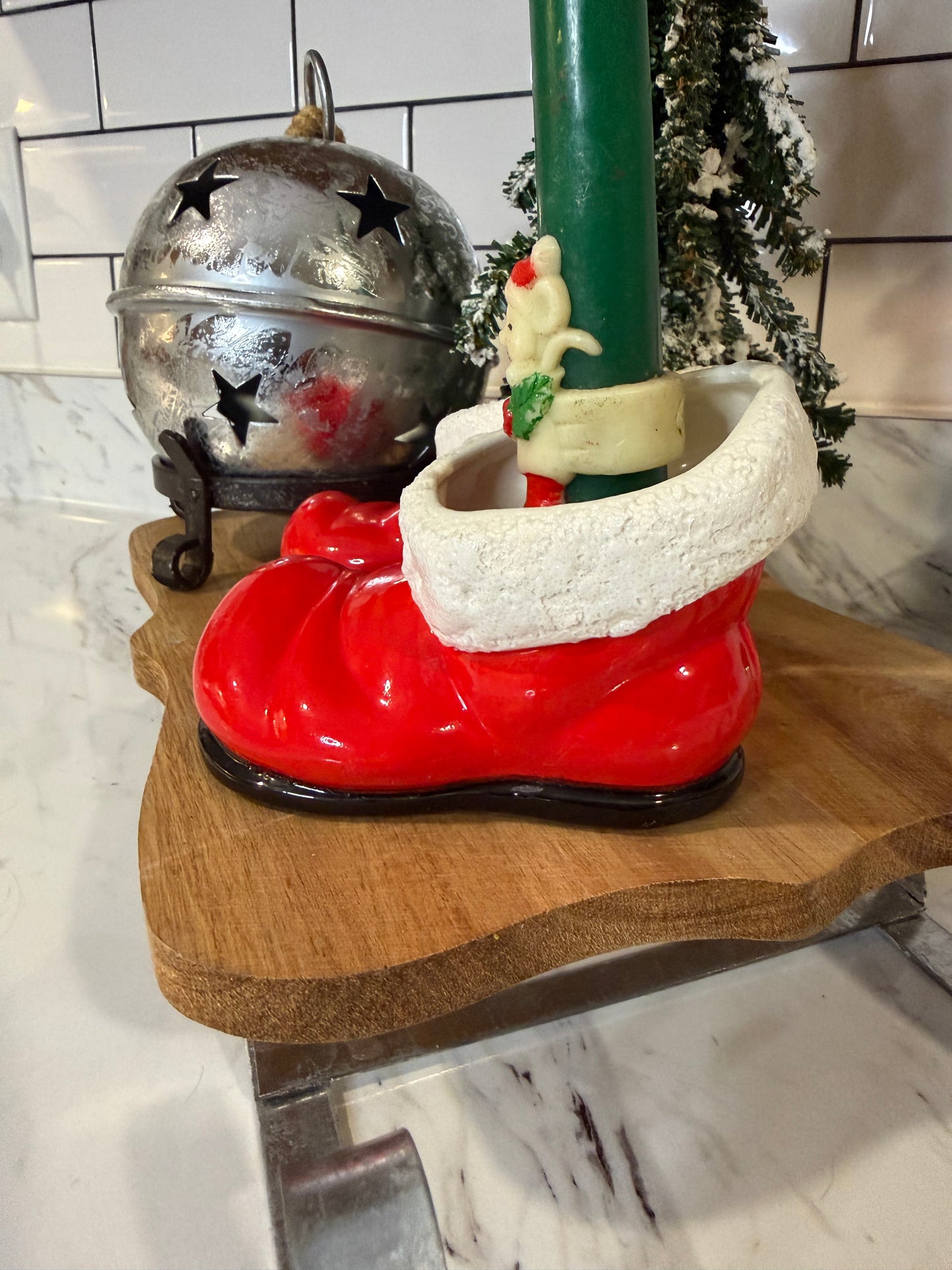 Vintage Santa Boot Candle Holders — Pair — Red with White Trim & Black Soles