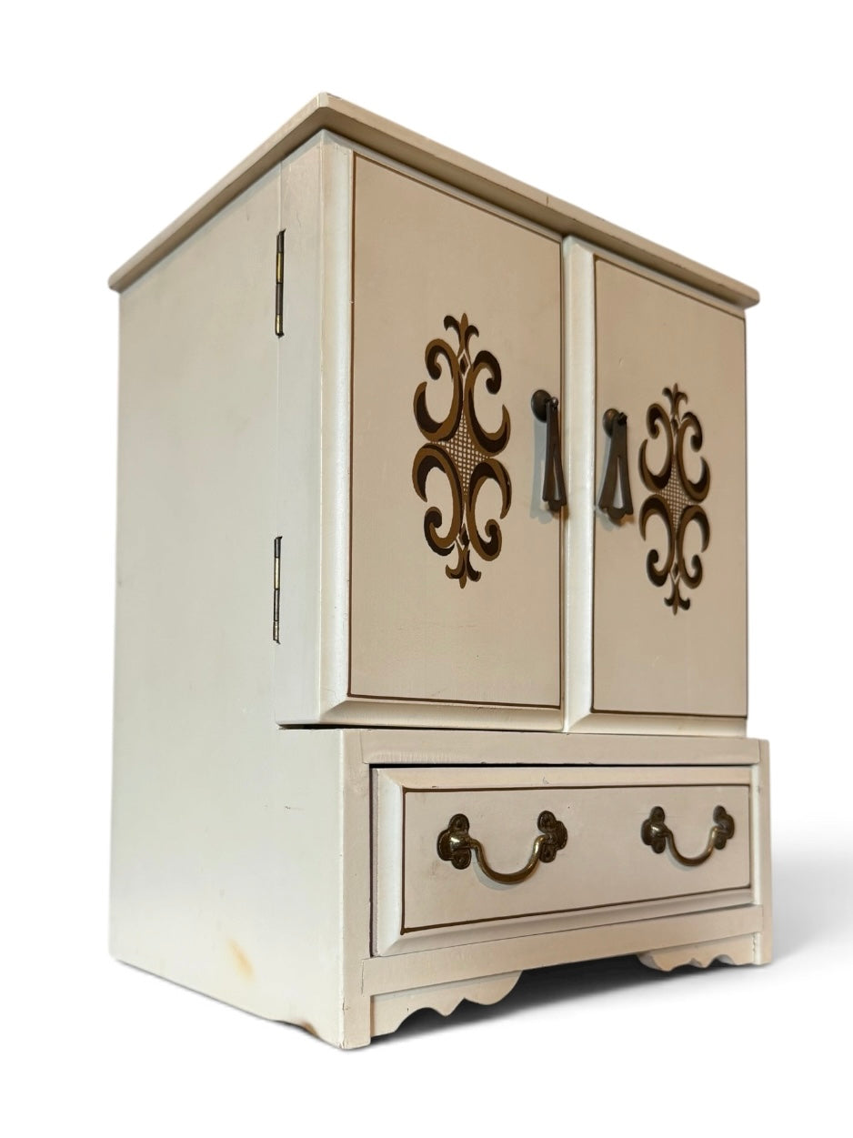 1970s French Provincial Jewelry Armoire Music Box – Cream & Gold
