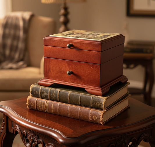 Tri-Coastal Design “Art in Motion” Vintage Wood Jewelry Box with Decorative Artist Tile