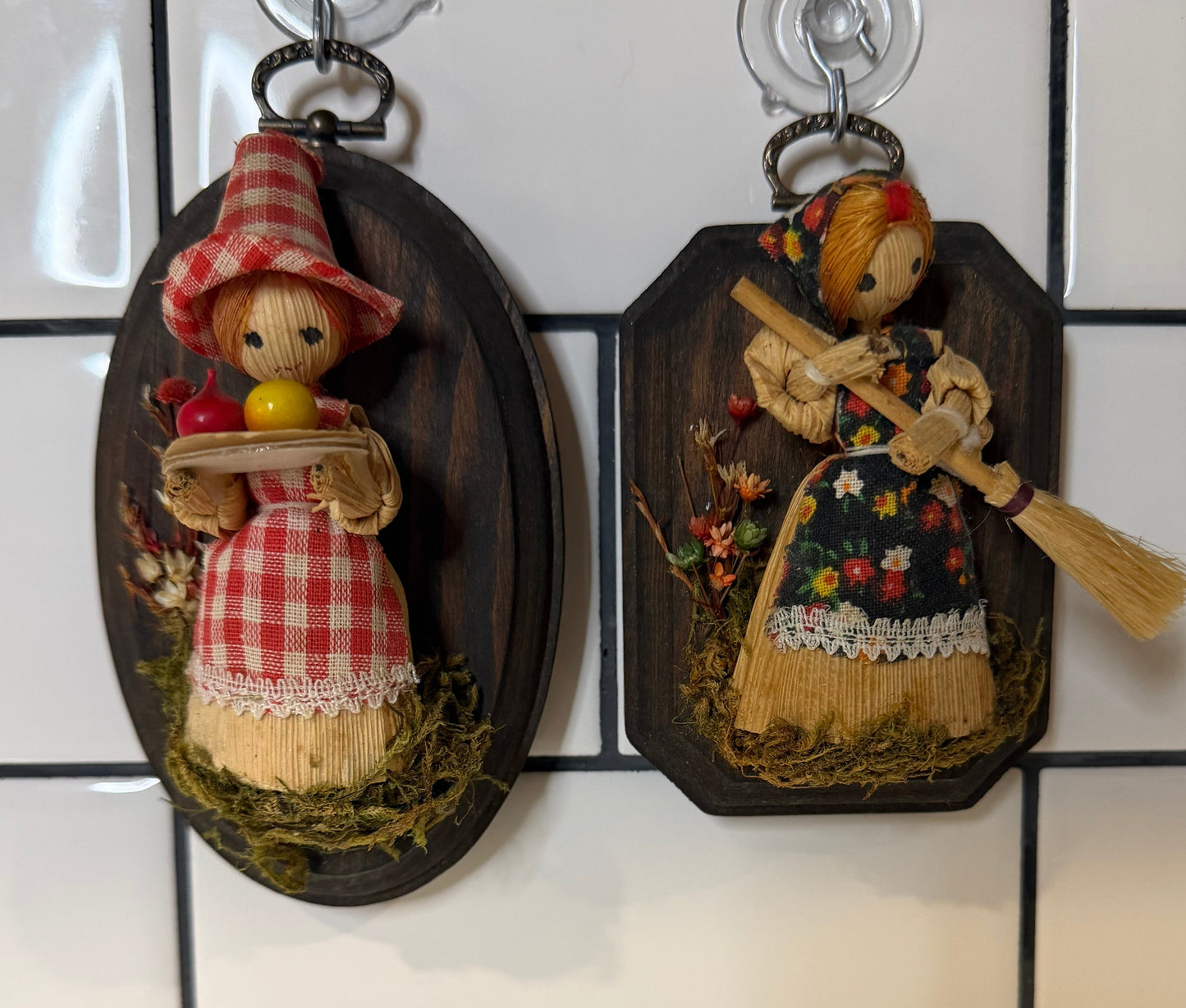 Pair of Corn Stalk Ladies Wood Mounted Appalachian Folk Art