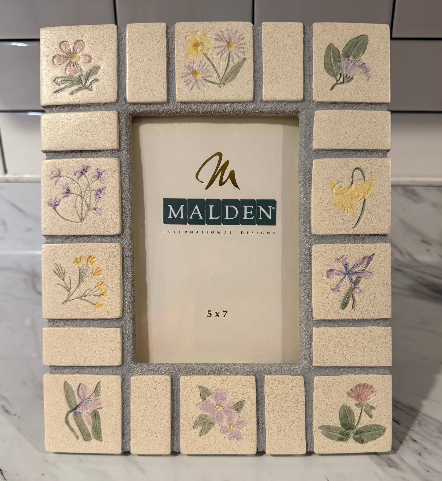 Vintage Malden International Designs Ceramic Picture Frame – Hand-Painted Wildflower Tiles