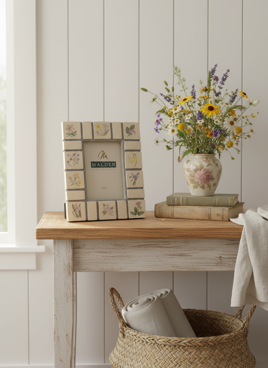 Vintage Malden International Designs Ceramic Picture Frame – Hand-Painted Wildflower Tiles