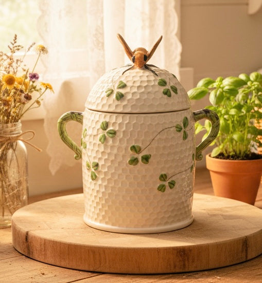 Beautiful Large Vintage "Bee & Clover" Honeycomb Kitchen Canister / Biscuit Jar