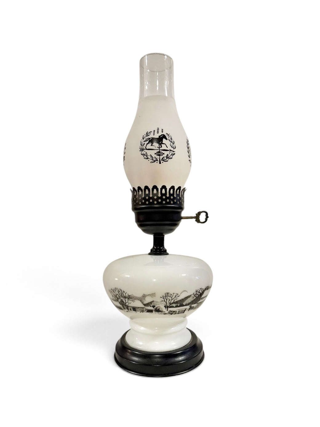 Currier & Ives Vintage Milk Glass Electric Lamp – Black & White Homestead Scene – 17”