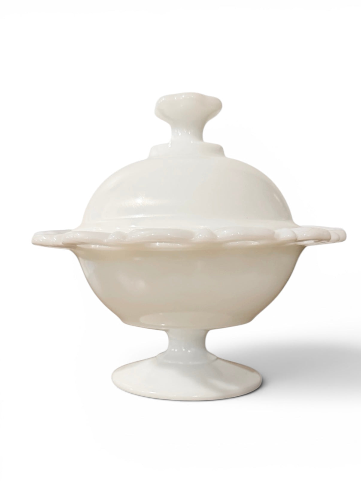 Anchor Hocking “Old Colony” Vintage Milk Glass Footed Candy Dish with Lid – Open Lace Edge Compote