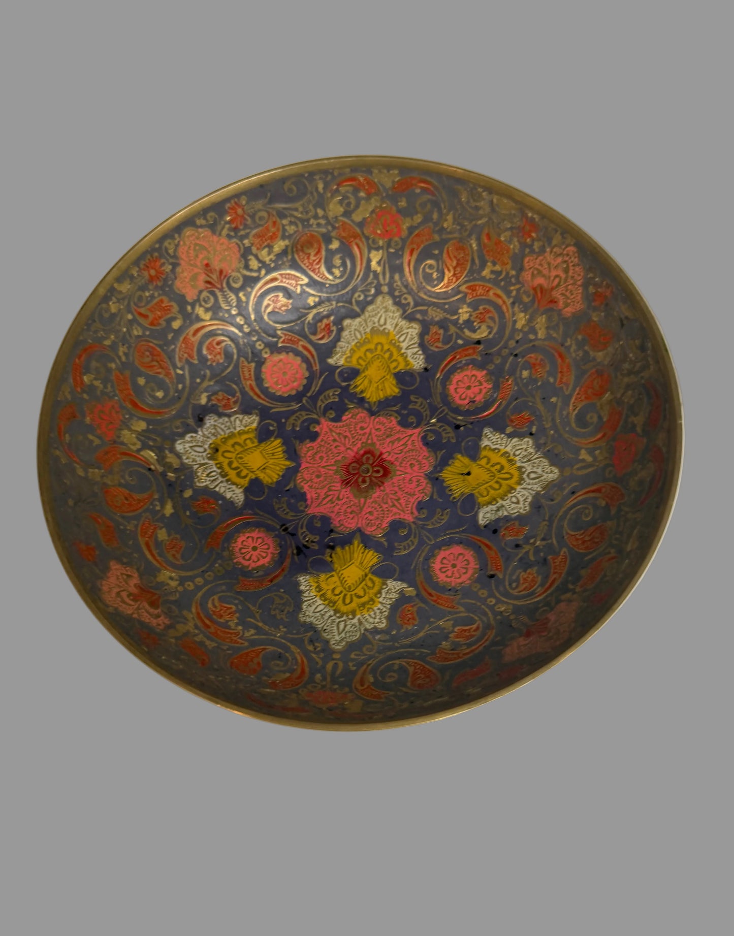 Vintage Brass Enameled Footed Bowl with Floral Design