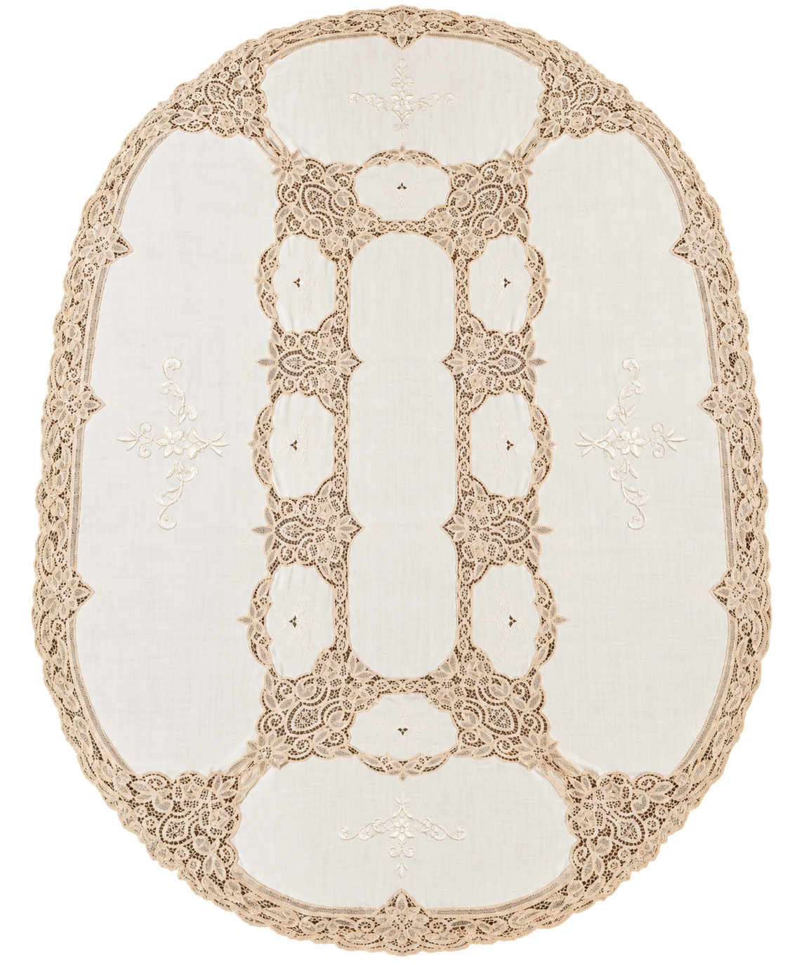 Oval Lace Tablecloth – Ivory Floral Embroidery & Intricate Lace Insets – 90” x 60”