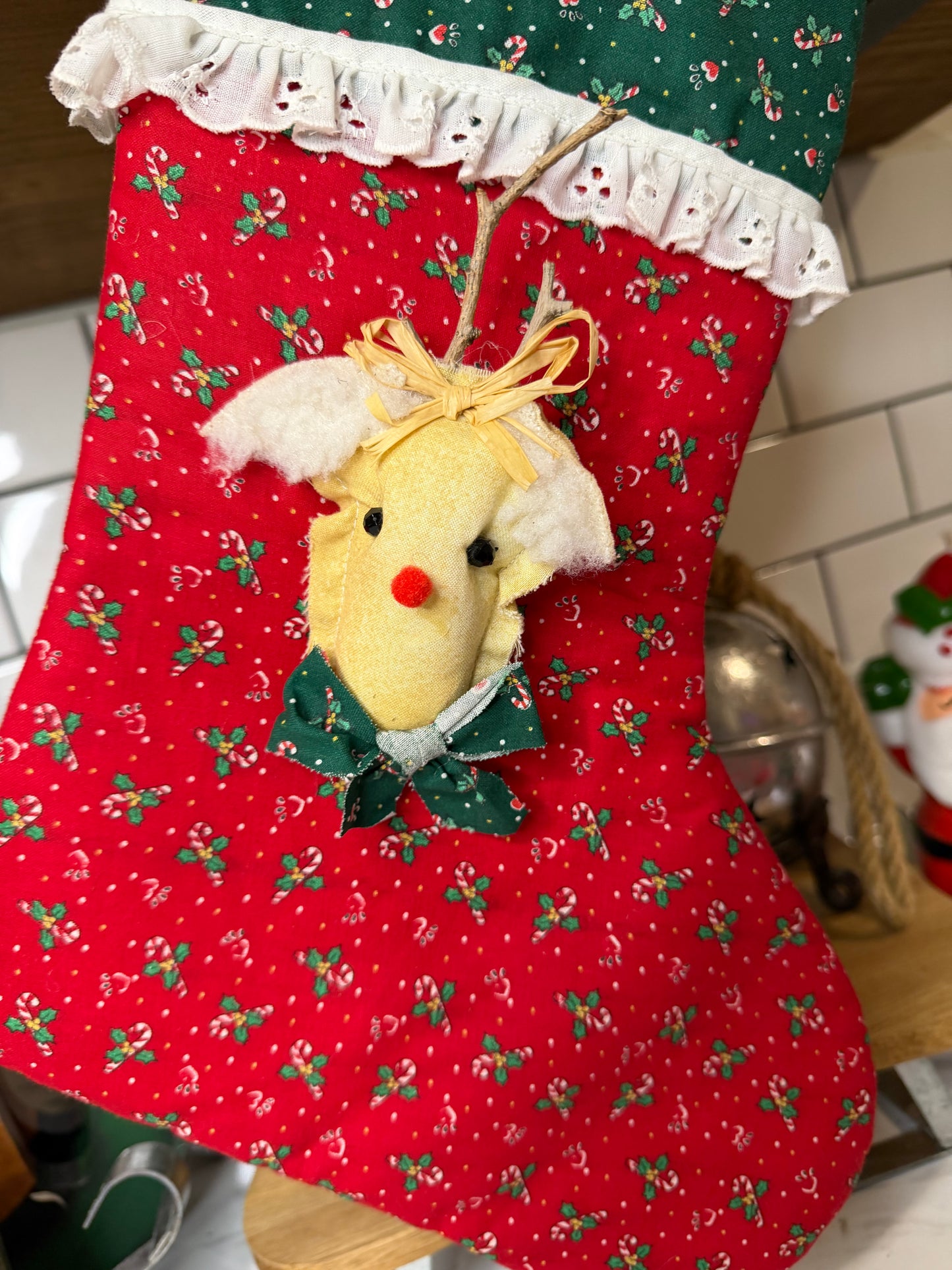 Handmade Rudolph Stocking – Red & Green Holly Berry Fabric - Lace Trim