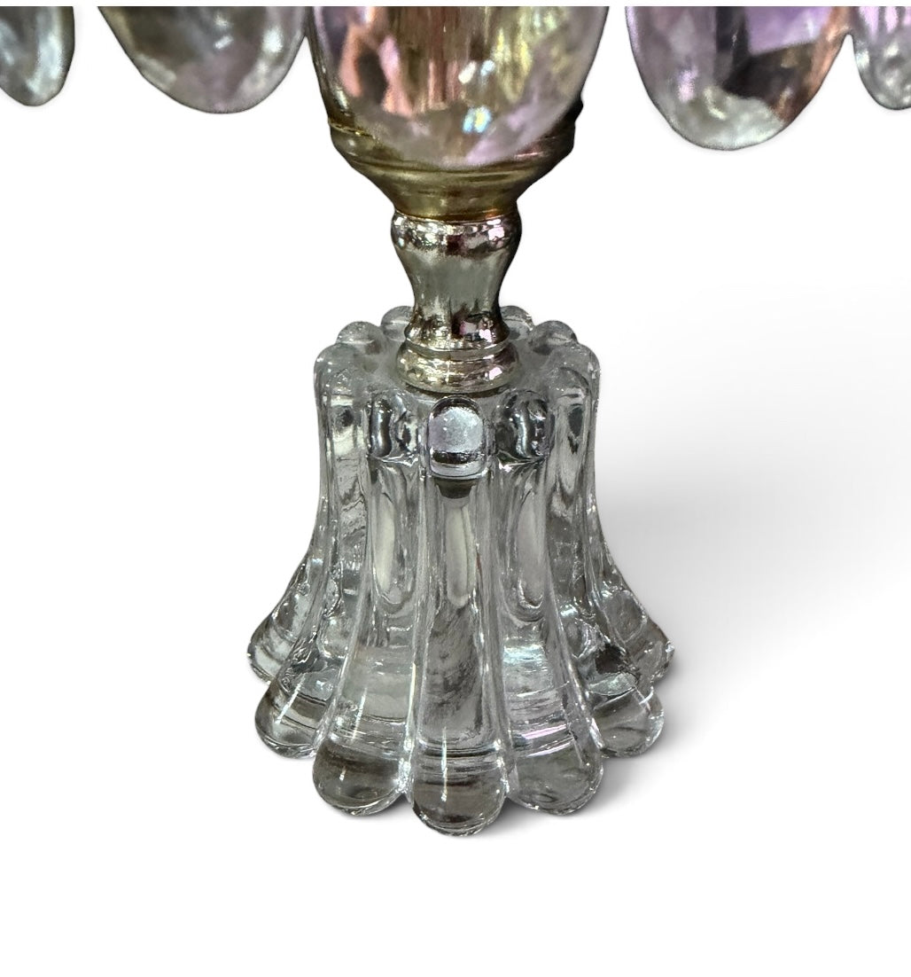 Michelotti Boudoir Vintage Lamp | Cranberry Pink Glass, Crystal Prisms, Mid-Century Holland Accent Lamp