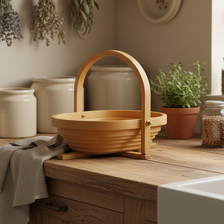 Collapsible Vintage Wooden Basket by C. Saw Crafts | Folding Wooden Fruit Basket & Trivet