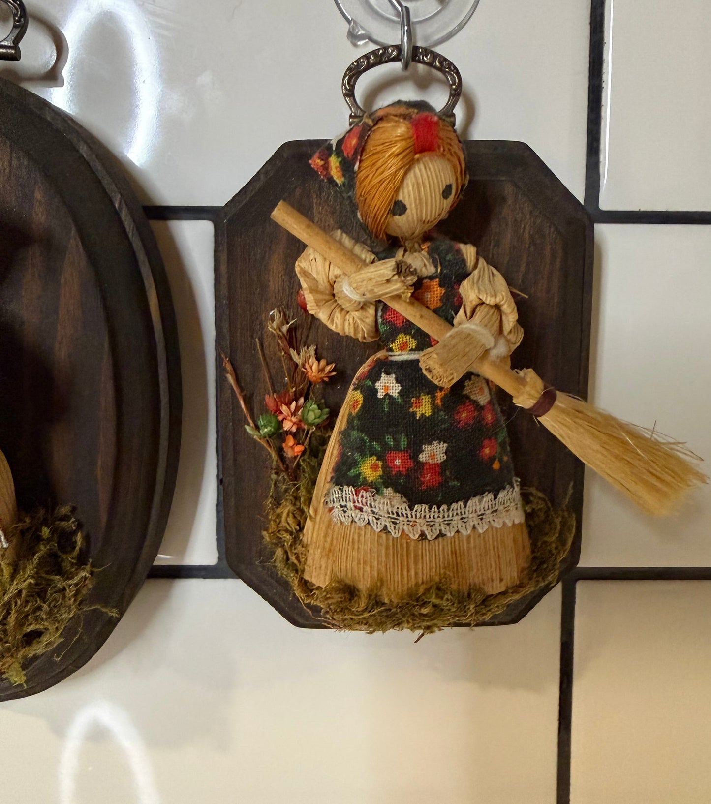 Pair of Corn Stalk Ladies Wood Mounted Appalachian Folk Art