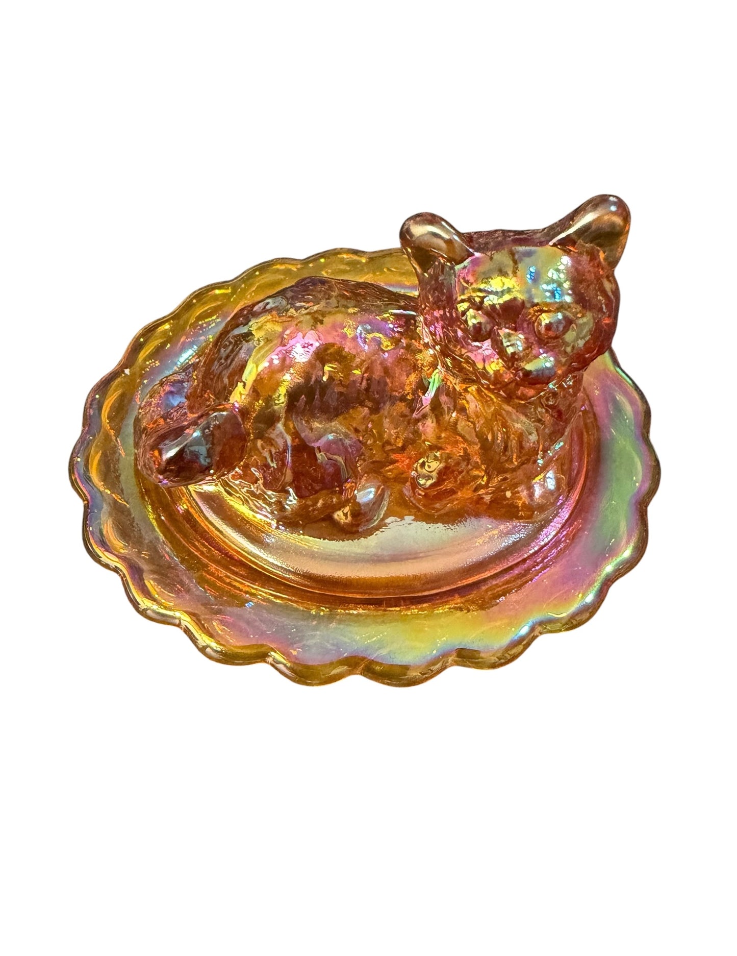 Mosser Glass Marigold Carnival Glass Mini Cat on Basket Covered Salt Cellar | Trinket Box