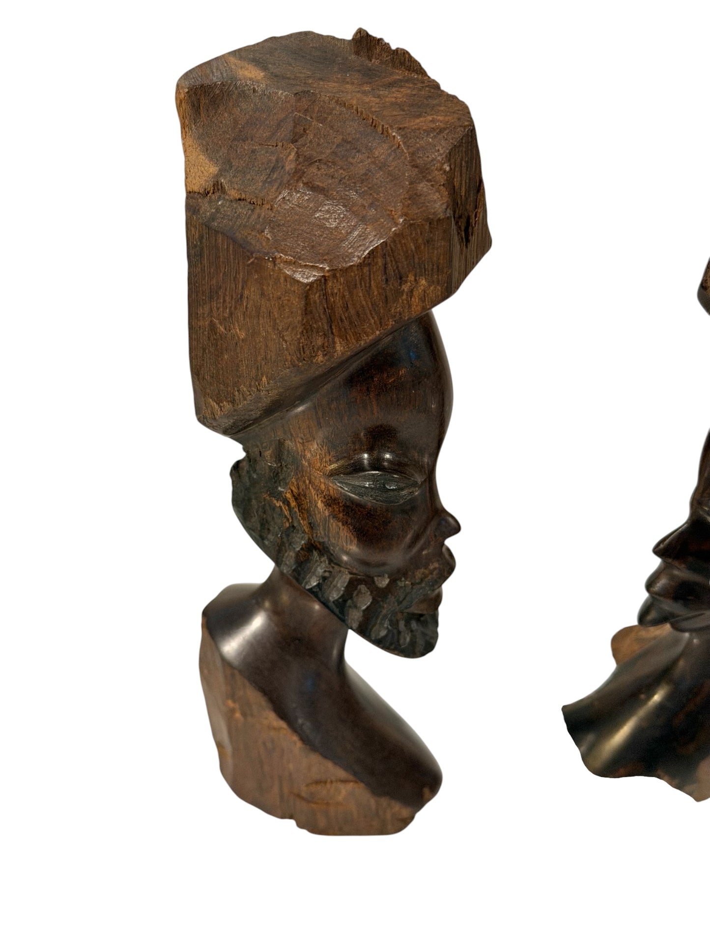 Hand-Carved Vintage African Tribal Bust Sculptures – Matching Male & Female Pair – Mid-Century Folk Art