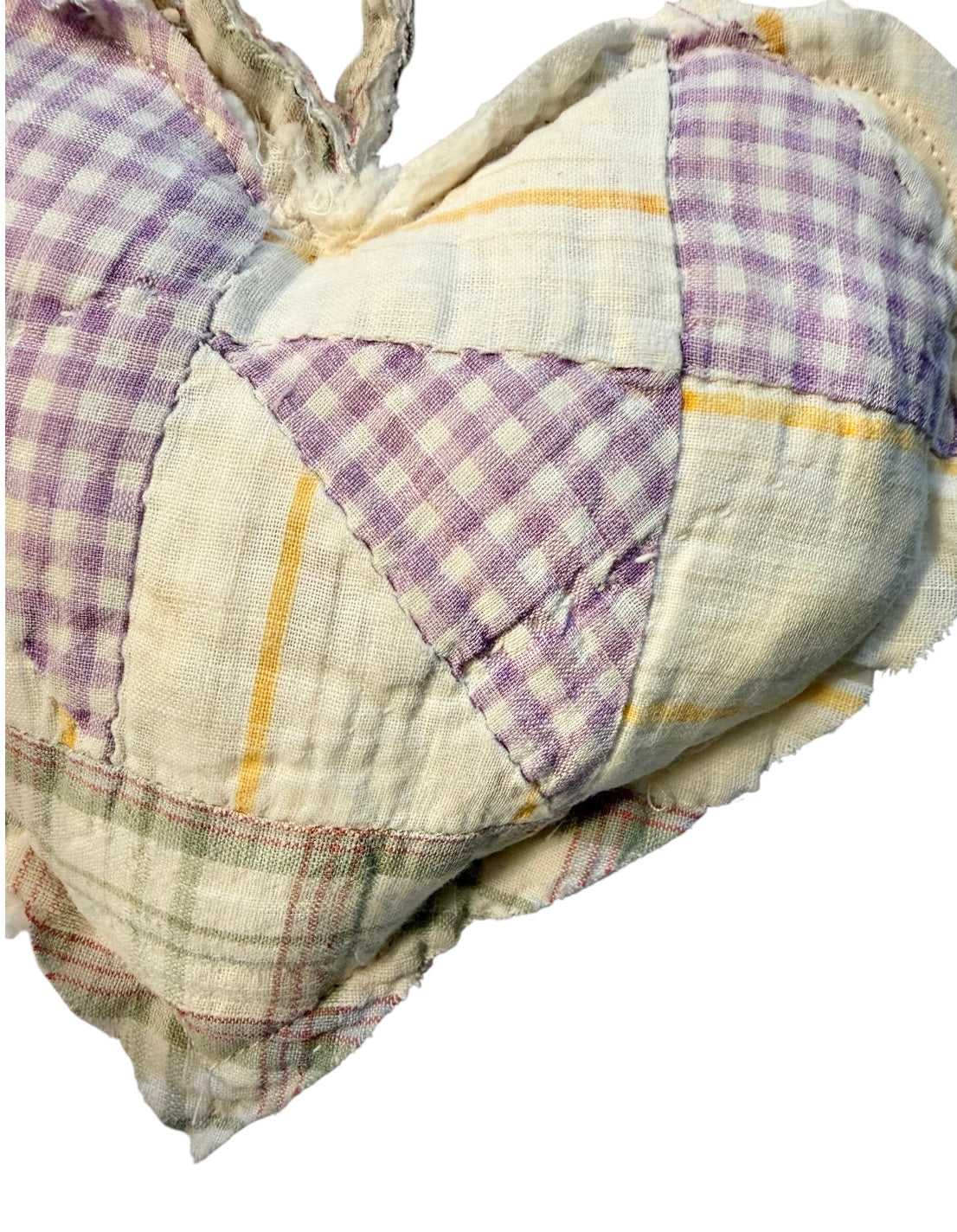 Handmade Vintage Quilted Heart Pillow | Purple Gingham & Plaid Patchwork Shelf Sitter | Cottagecore Farmhouse Decor
