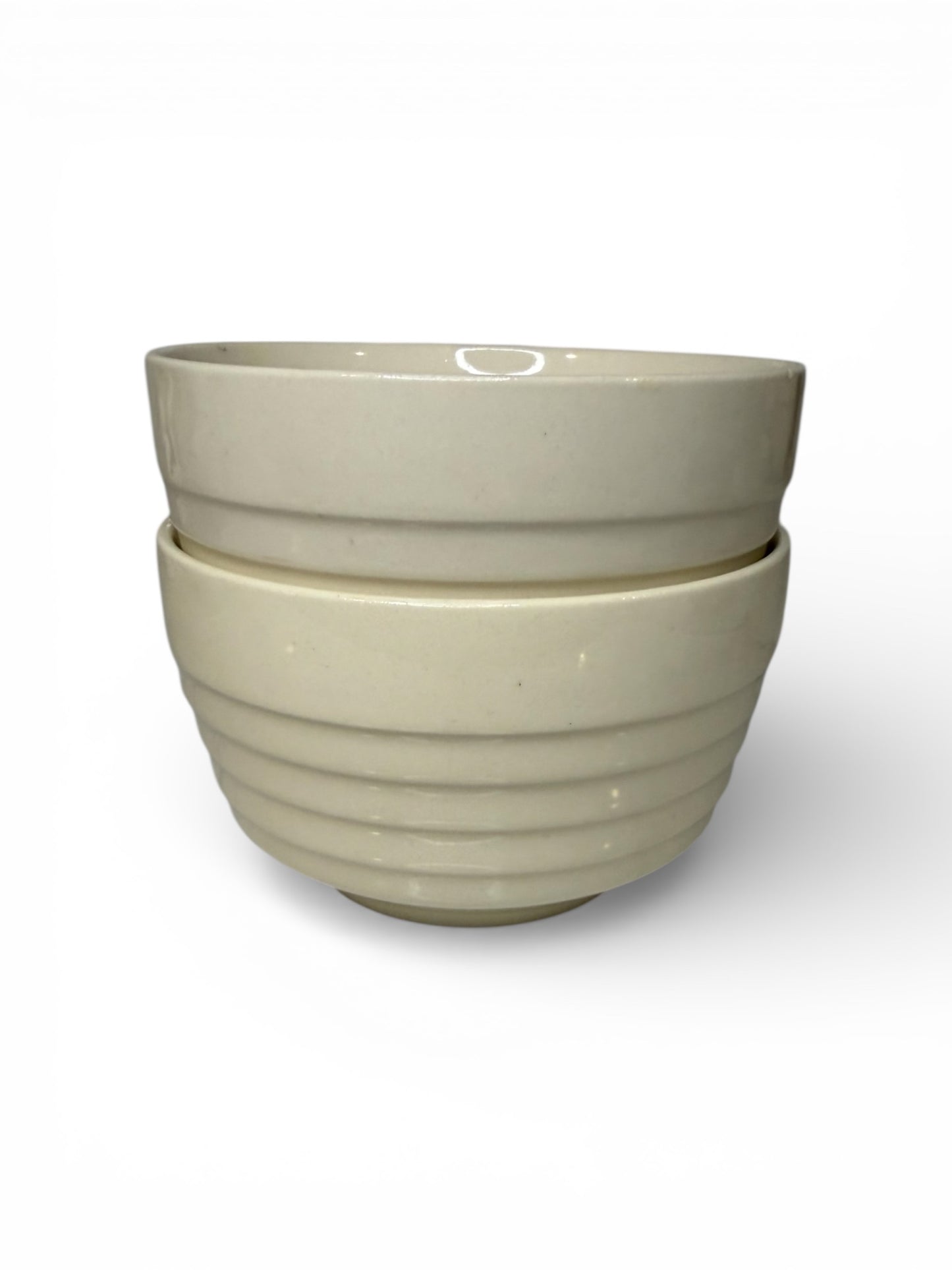 Set of 2 Vintage Ribbed Stoneware Bowls – Off-White “Beehive” Ringware (USA)