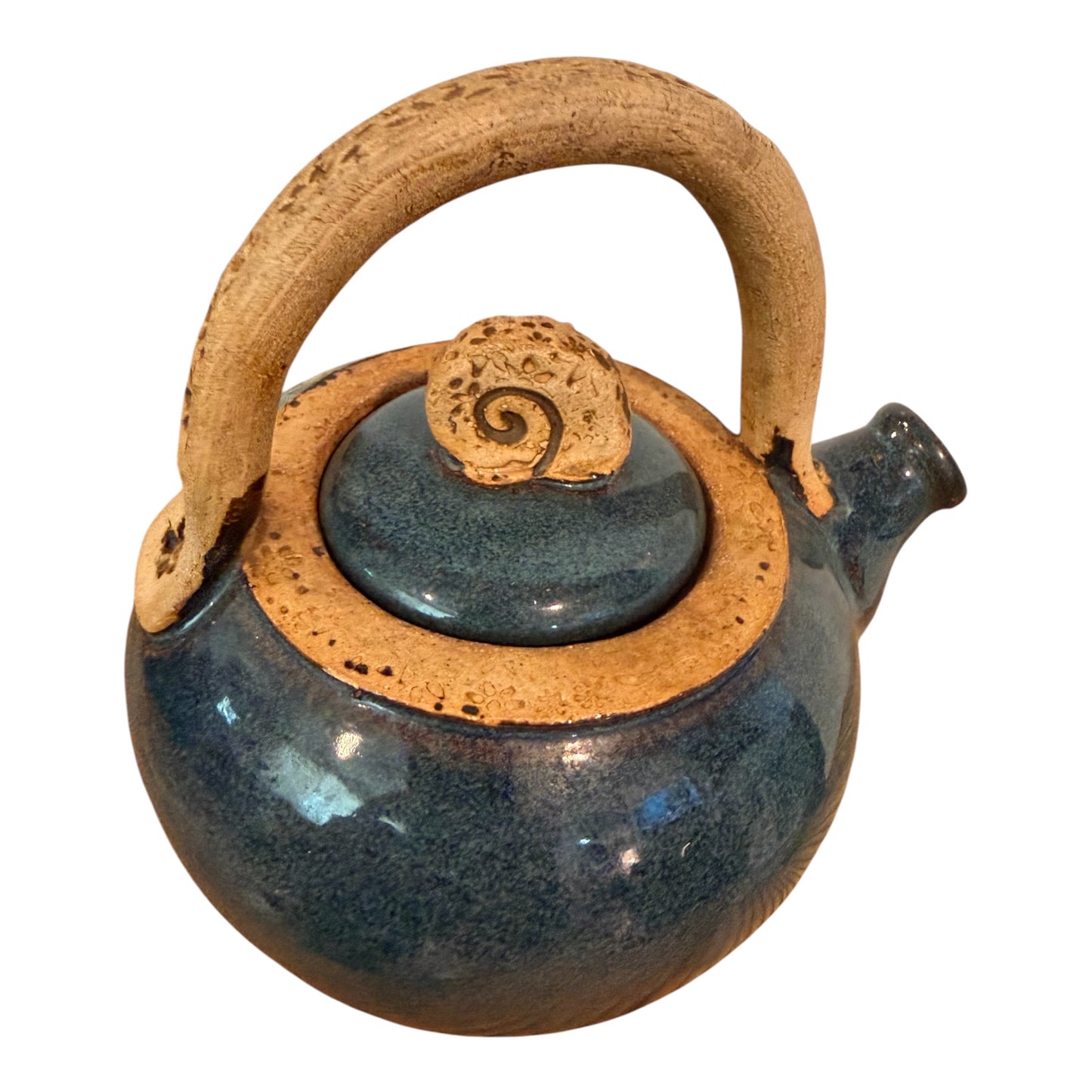 Hand-Thrown Studio Pottery Teapot – Blue/Teal Reactive Glaze with Overhead Clay Handle & Spiral Finial