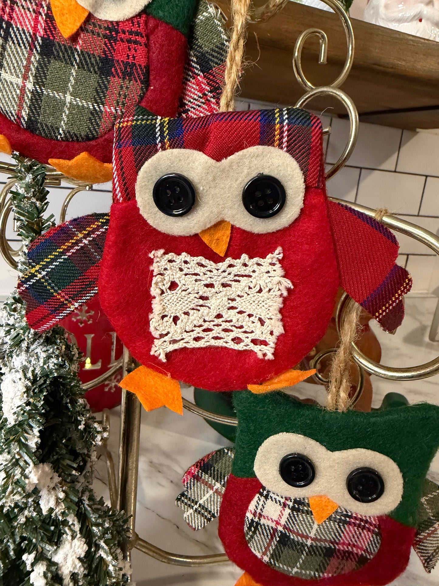 Vintage Handmade Fabric Owl Ornament Set