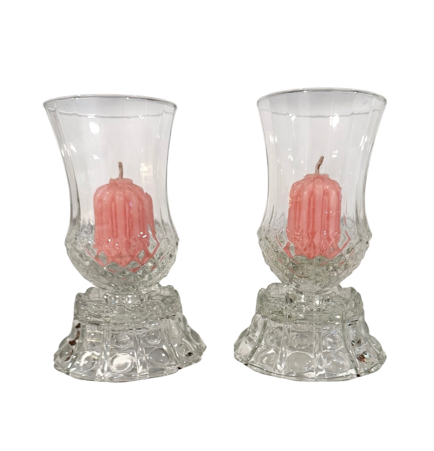 Two-Piece Vintage Clear Glass Hurricane Candle Lamp with Pink Votives