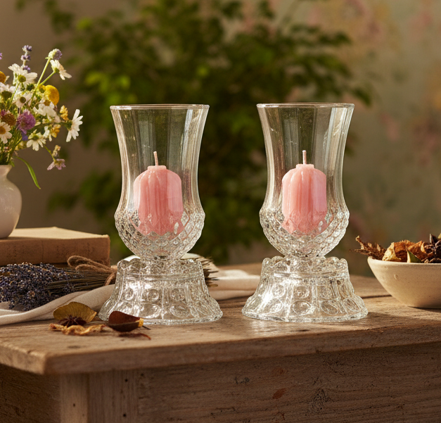 Two-Piece Vintage Clear Glass Hurricane Candle Lamp with Pink Votives