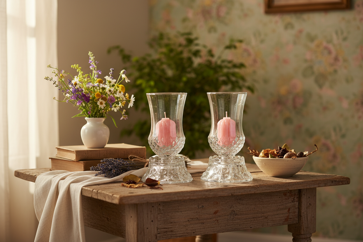 Two-Piece Vintage Clear Glass Hurricane Candle Lamp with Pink Votives