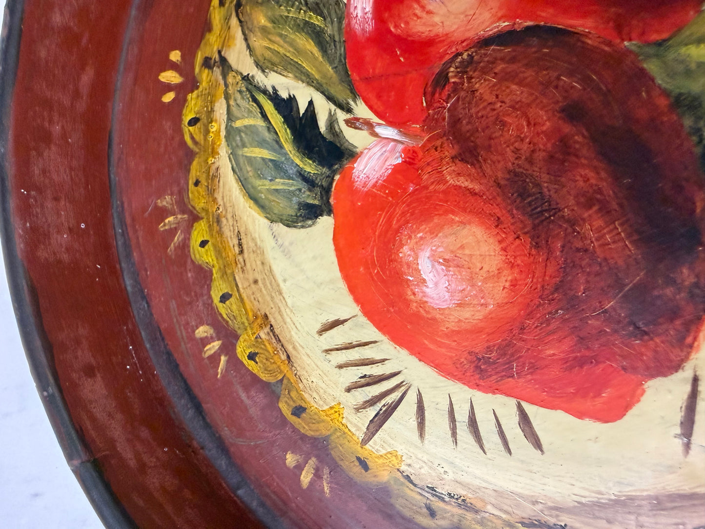 Vintage Hand-Painted Toleware Tray – Folk Art Apple Design, 1974