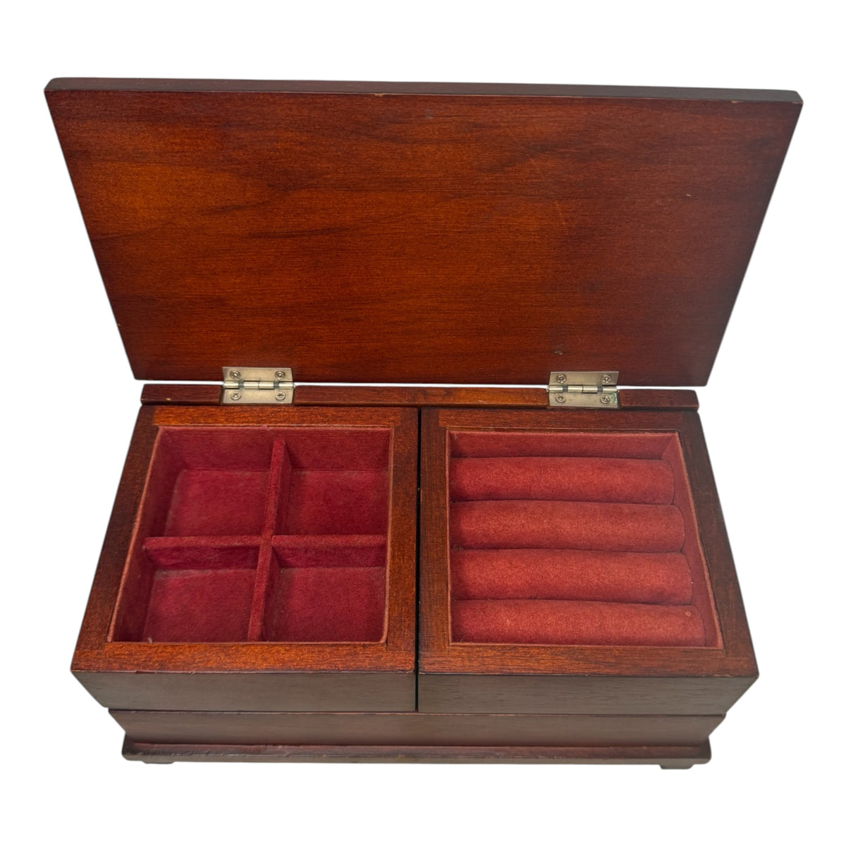 Vintage Cherry-Tone Wooden Jewelry Box with Swing-Out Compartments - Riser