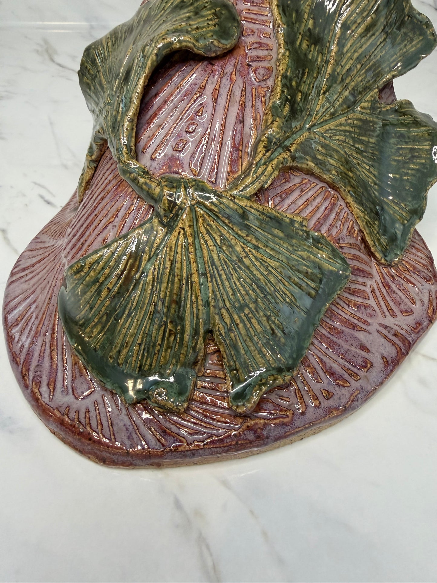 Handmade Ceramic Wall Pocket with Ginkgo Relief – Purple & Green Studio Pottery Vase