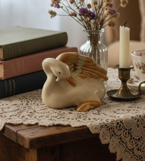 Vintage Glazed Ceramic Preening Duck Figurine | Cottage Core Collectible Bird Decor