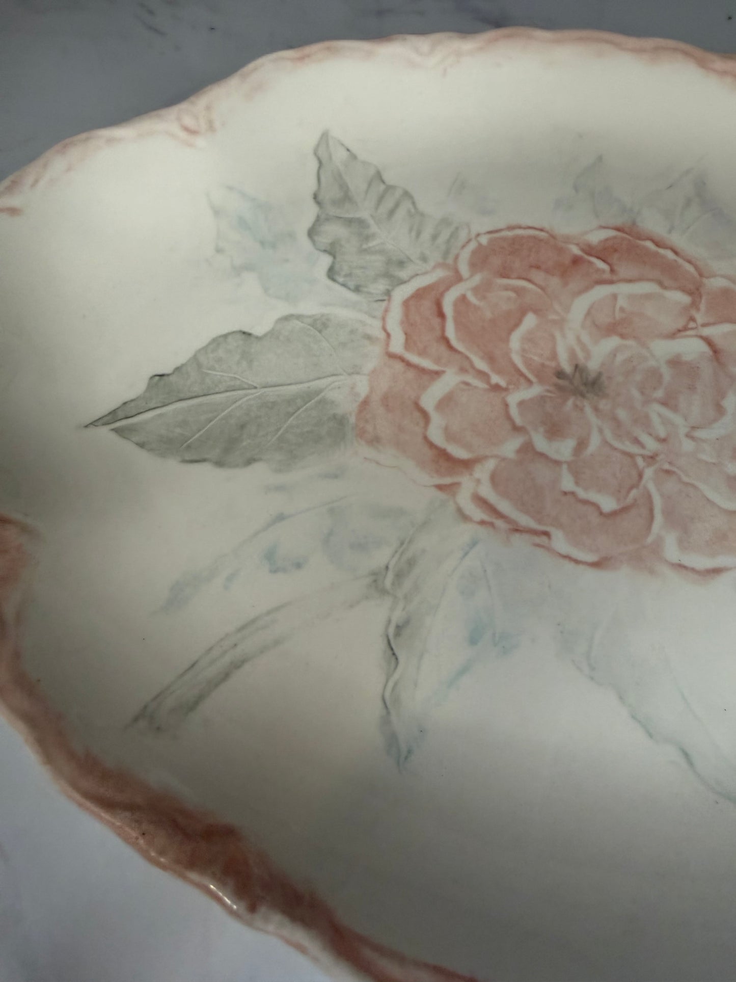 Vintage Pink and Green Floral Pottery Platter | USA Stamped | 12″ x 9″ | Possibly SCIO Pottery