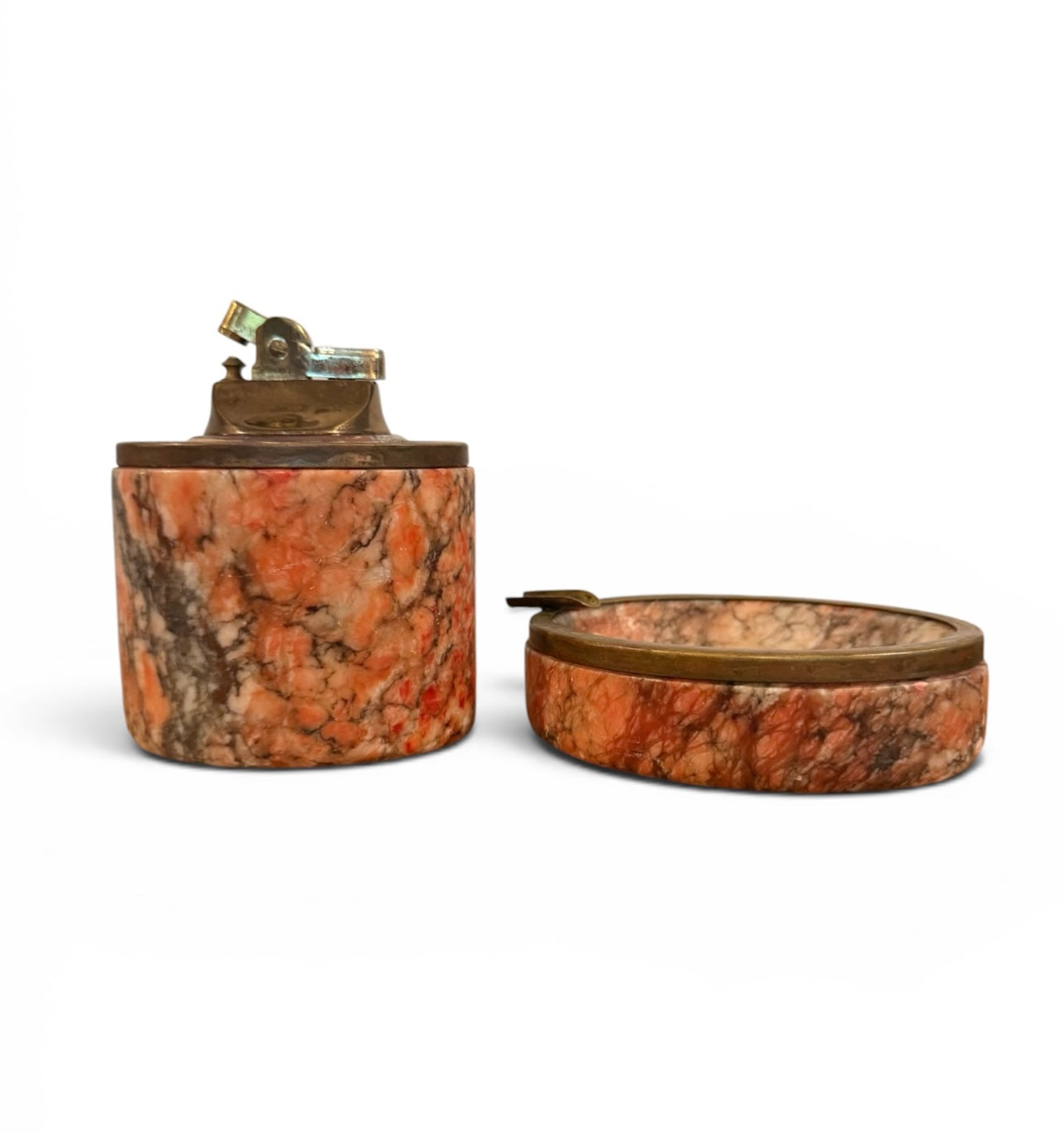 Italian Alabaster Vintage Table Lighter & Ashtray Smoking Set