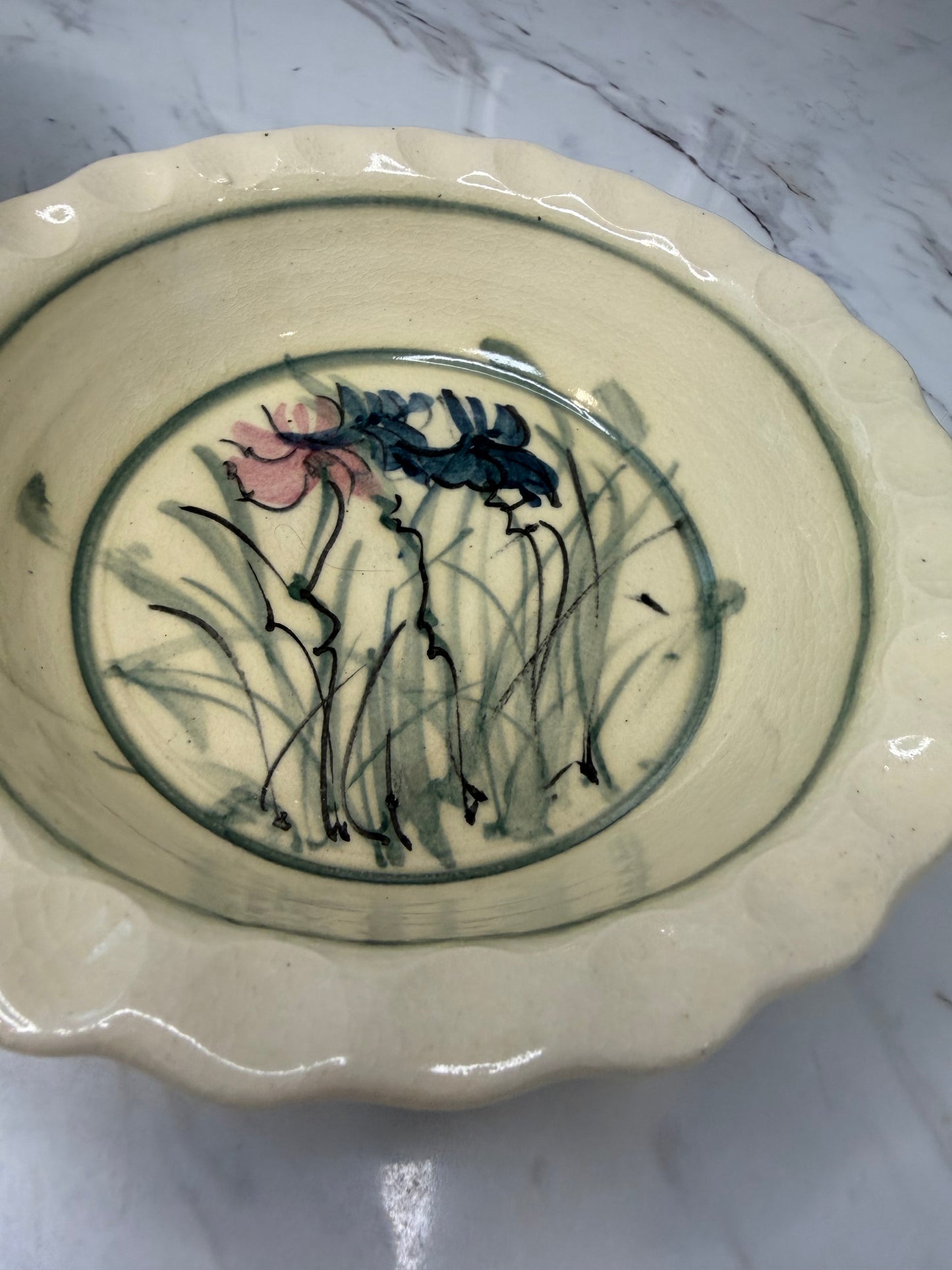 Vintage Hand-Painted Studio Pottery Floral Bowl - Pie Dish - Artisan Ceramic Serving Set (2)