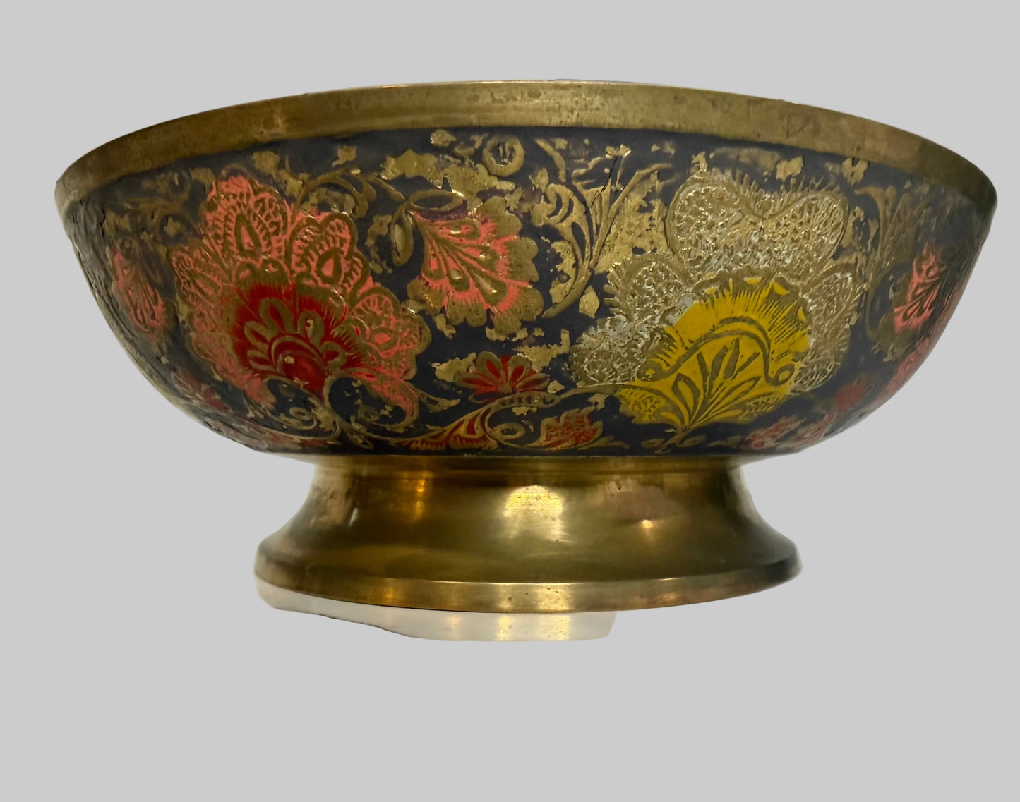 Vintage Brass Enameled Footed Bowl with Floral Design