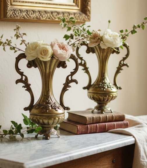 Italian Neoclassical Vintage Brass Bud Vases – Pair | Ornate Mini Urn Pedestal Vases | Made in Italy