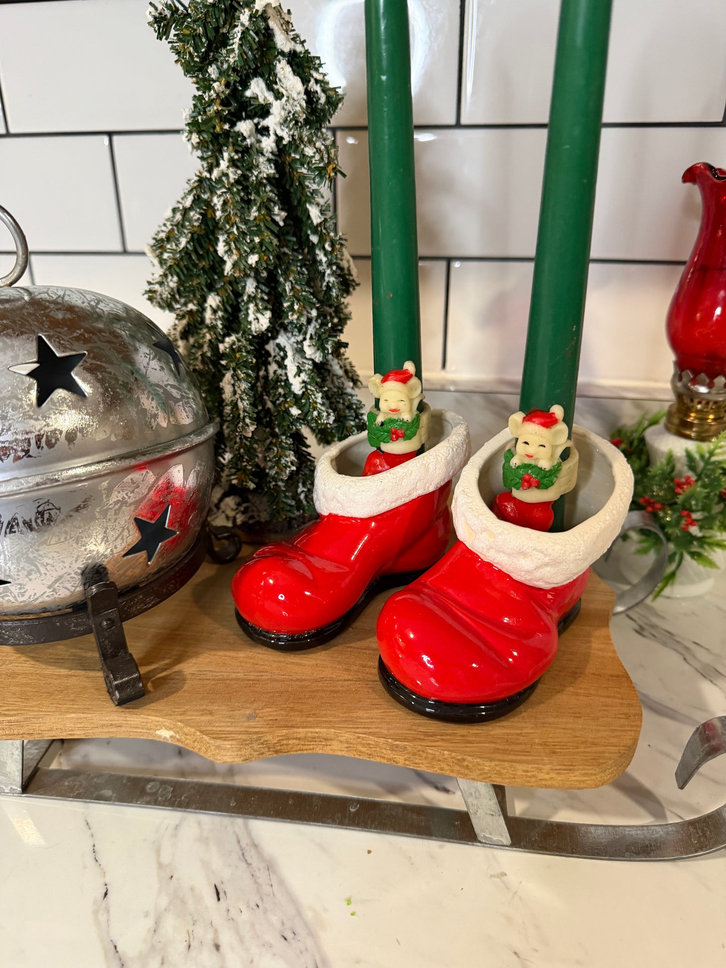 Vintage Santa Boot Candle Holders — Pair — Red with White Trim & Black Soles
