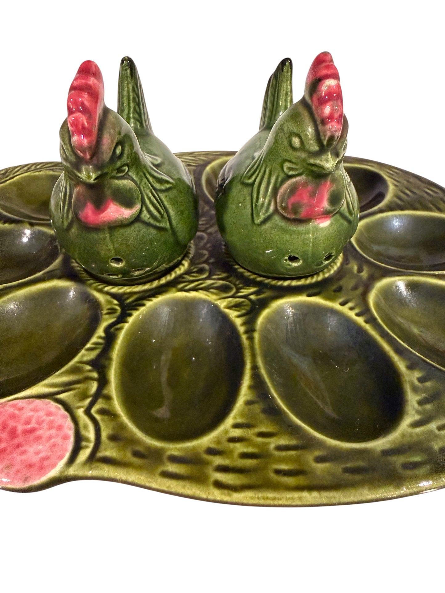 Hen Deviled Egg Plate with Salt & Pepper Shakers – Price Import Vintage Japan - Green Ceramic Farmhouse Serving Dish