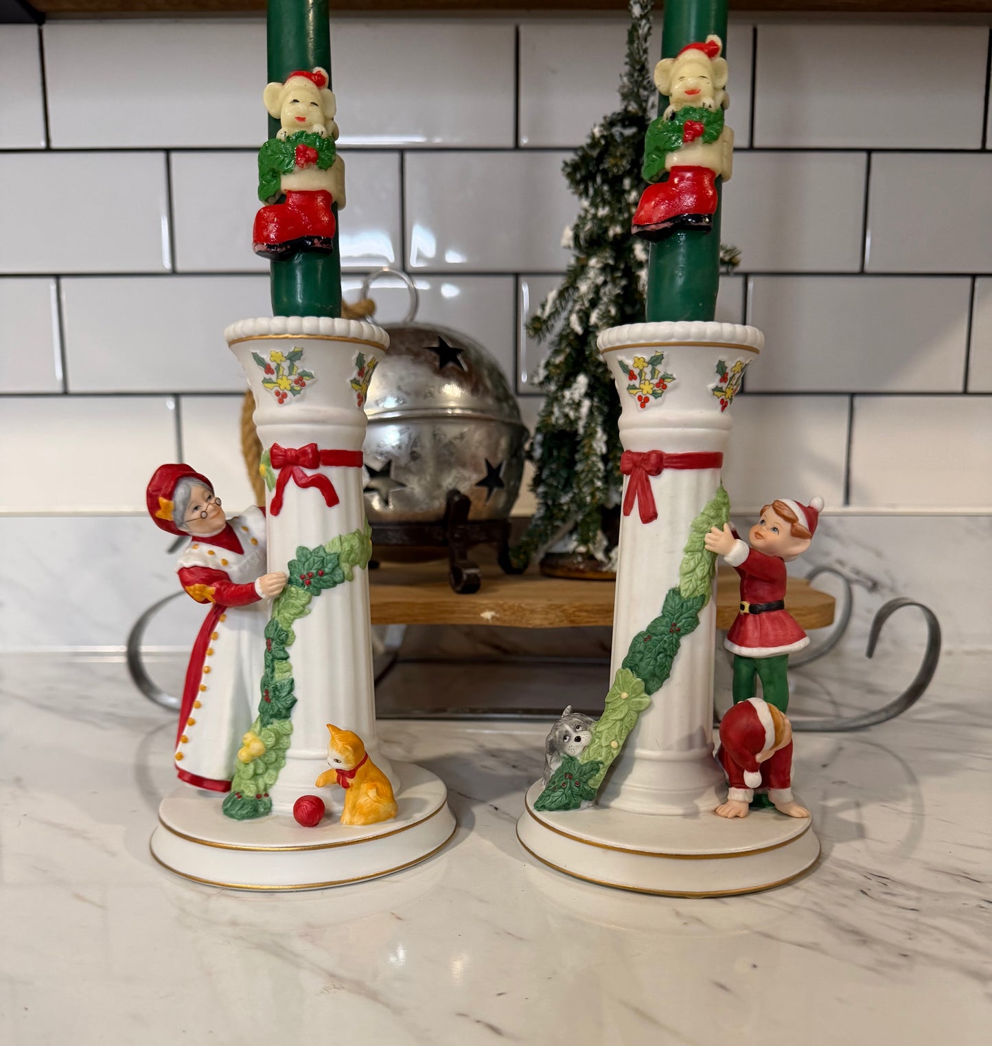 Vintage Danbury Mint “Christmas Candlesticks” — Mrs. Claus & Elves — 1990s Ceramic Pair with 23kt Gold Accents