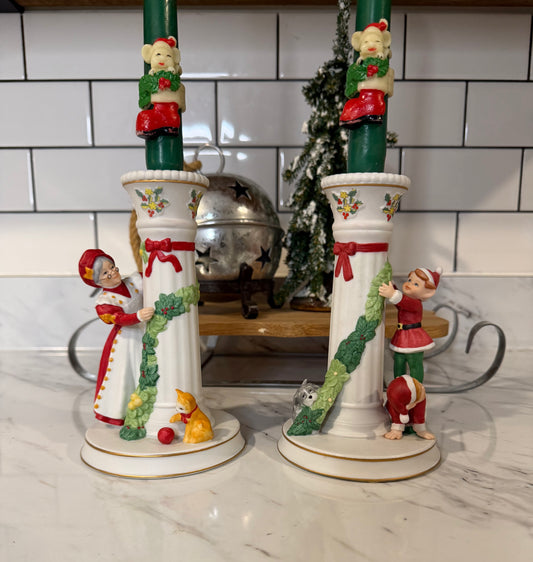 Vintage Danbury Mint “Christmas Candlesticks” — Mrs. Claus & Elves — 1990s Ceramic Pair with 23kt Gold Accents