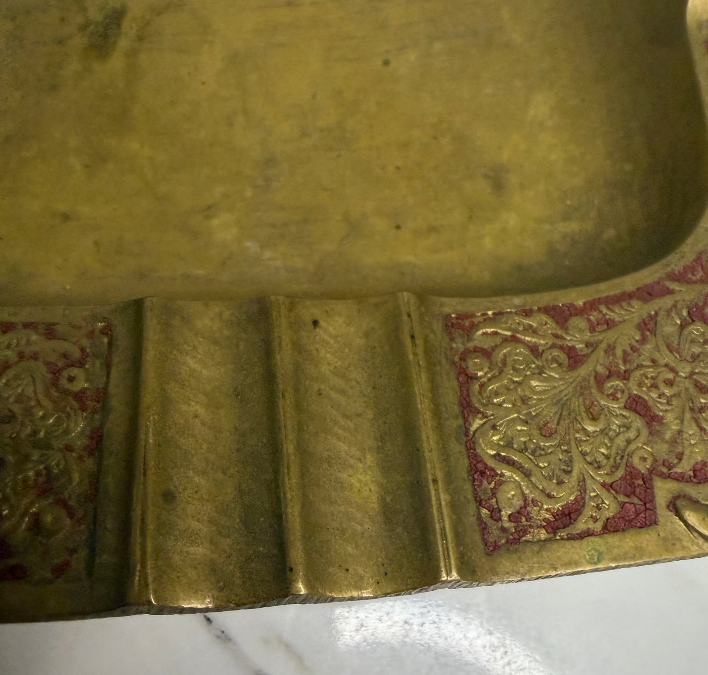 Vintage Square Brass Ashtray with Red Enamel Floral Design