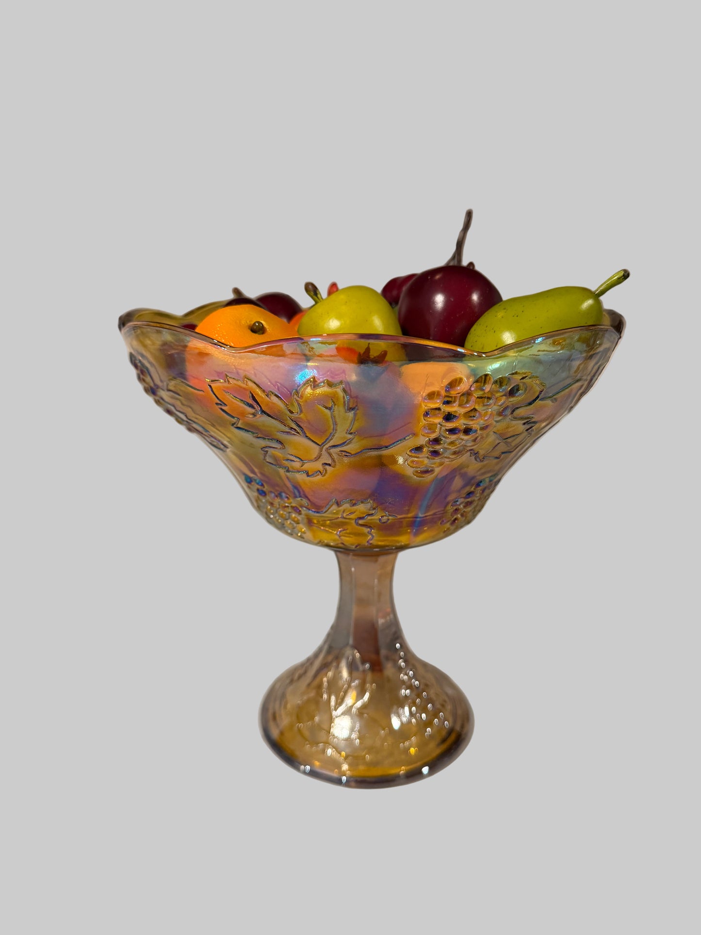 Vintage Indiana Glass Harvest Grape Amber Marigold Carnival Glass Pedestal Bowl