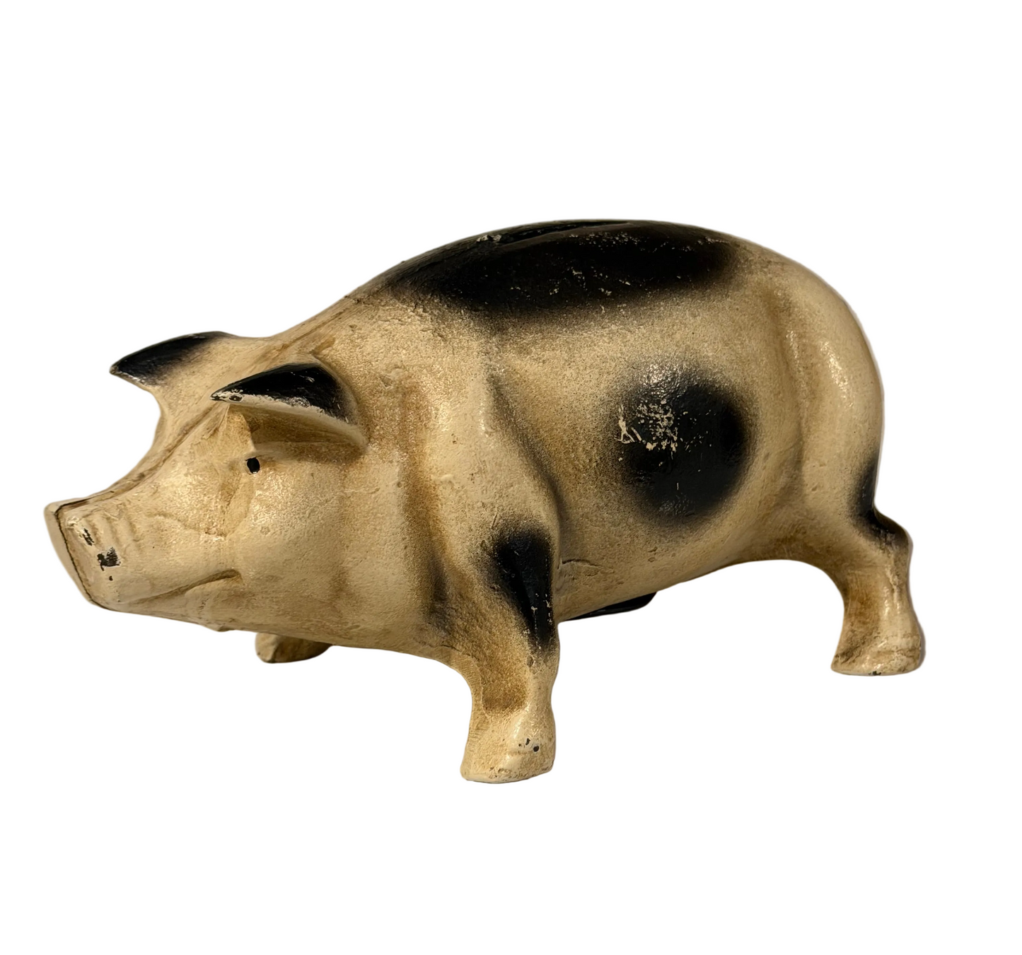 Vintage Cast Iron Still Piggy Bank – Black & Tan