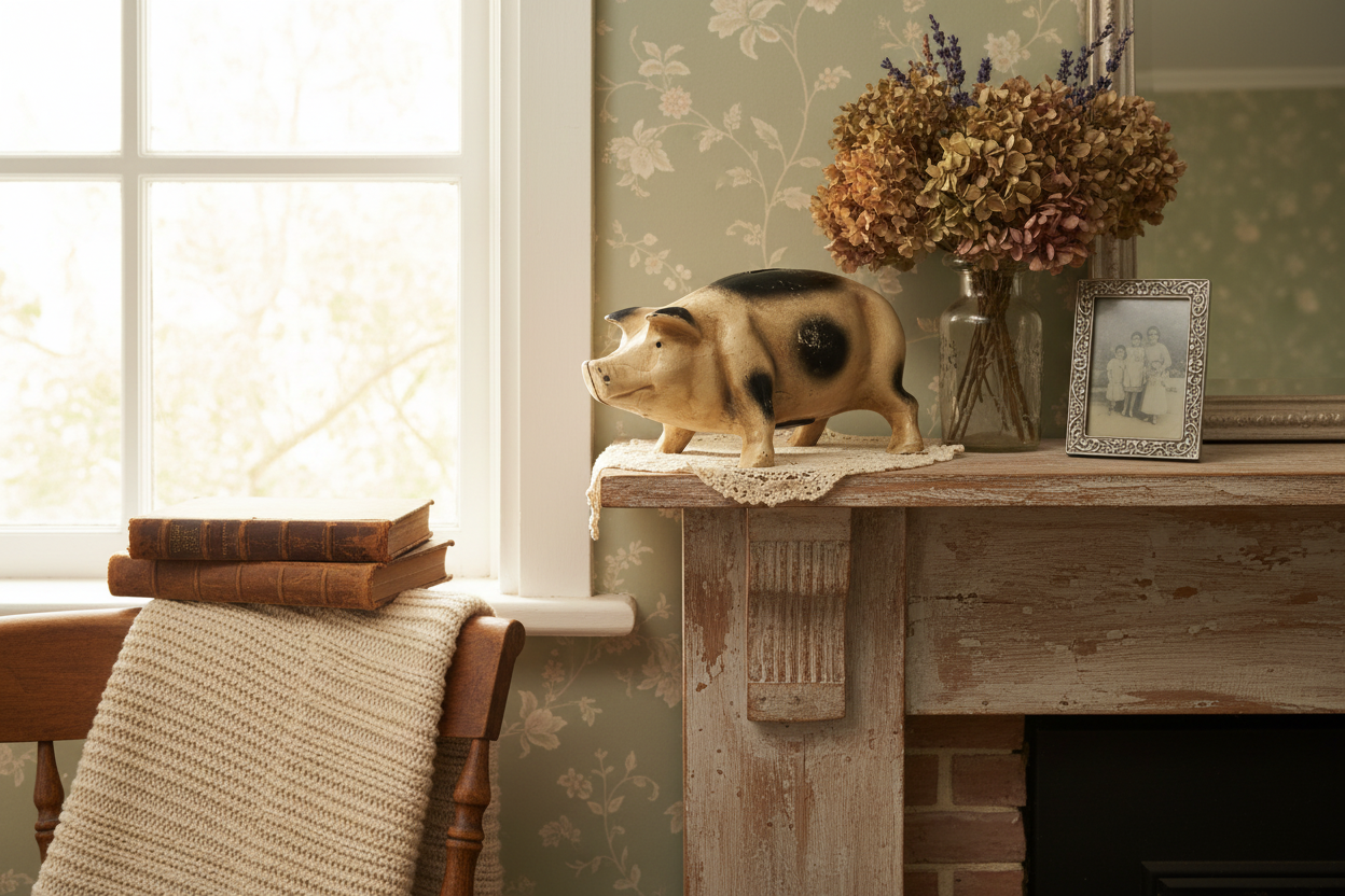 Vintage Cast Iron Still Piggy Bank – Black & Tan