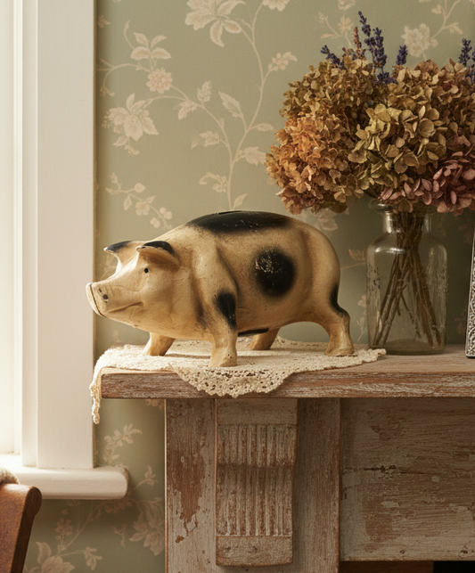 Vintage Cast Iron Still Piggy Bank – Black & Tan