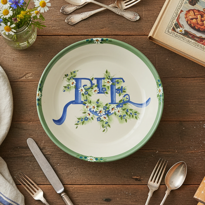 Herb Collection Vintage Ceramic Pie Plate by Kathy Hatch | Hand-Painted “PIE” Design | 2001