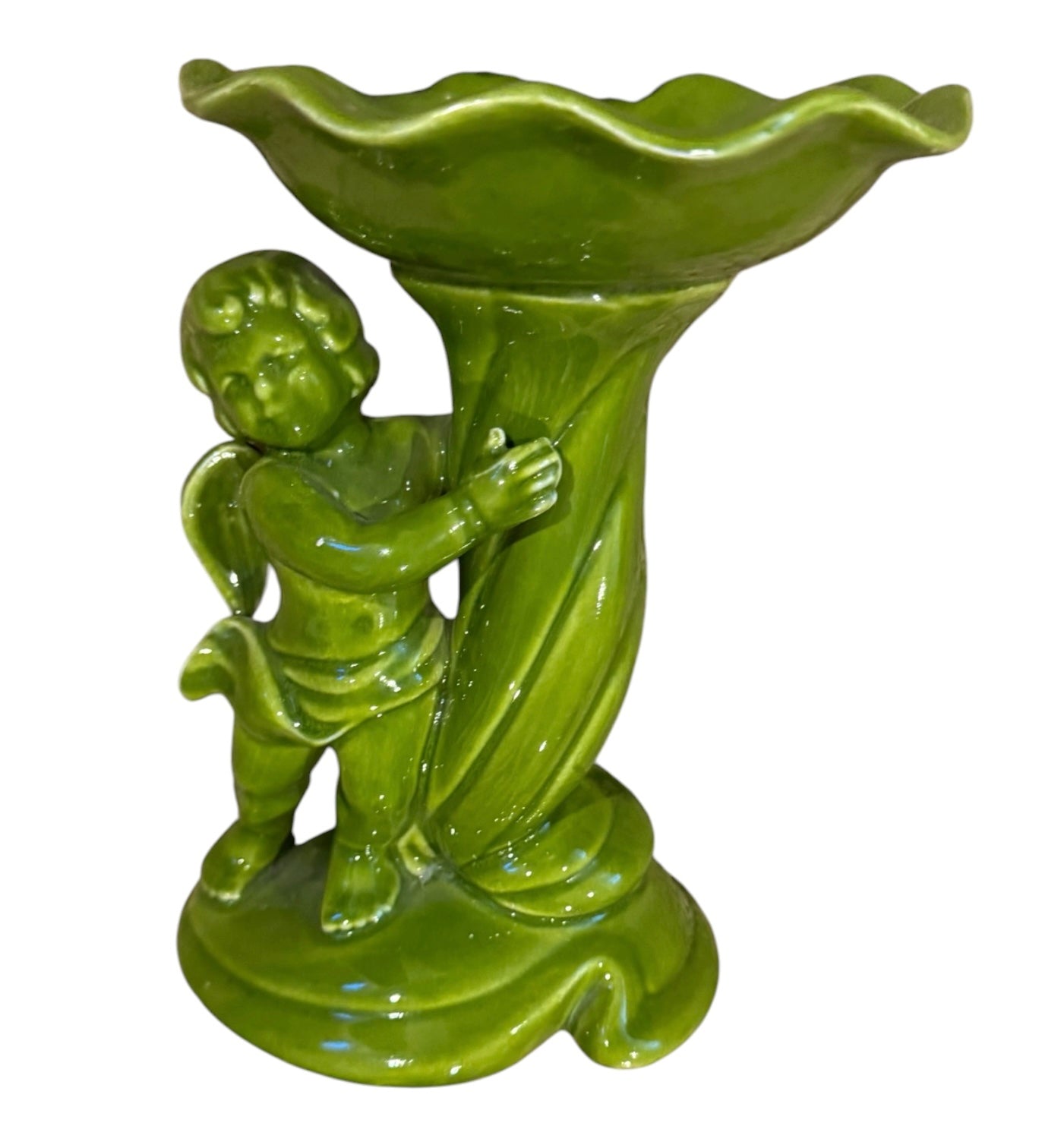 Vintage Mid-Century Atlantic Mold Green Cherub Compote Dish