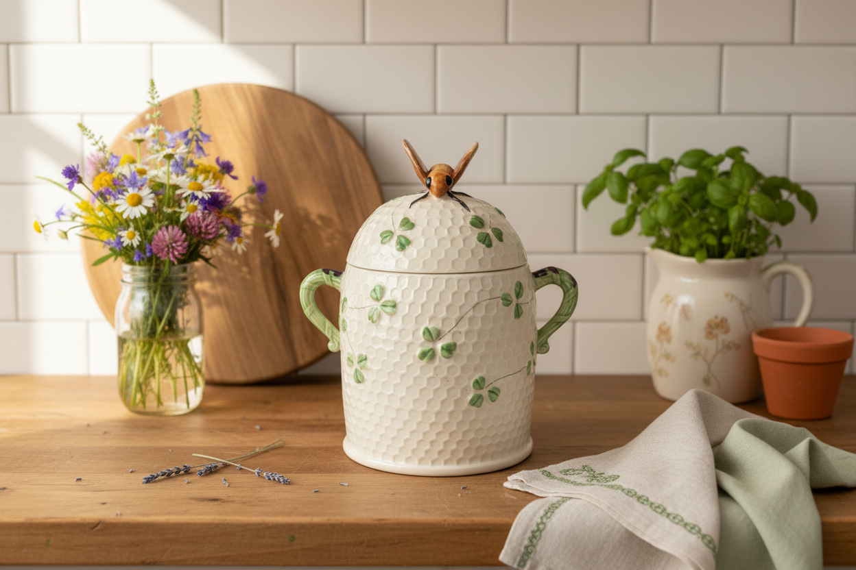 Beautiful Vintage "Bee & Clover" Honeycomb Kitchen Canister / Biscuit Jar