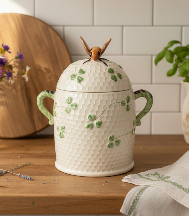 Beautiful Vintage "Bee & Clover" Honeycomb Kitchen Canister / Biscuit Jar